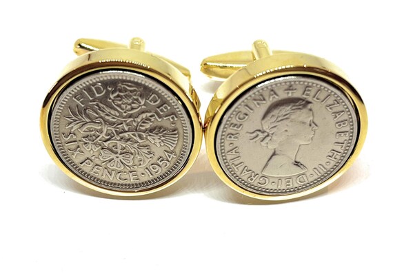 Premium Gold plated 1954 Sixpence Cufflinks for a 71st birthday.  Original British sixpences for a 71st Thinking Of You,  Special Friend