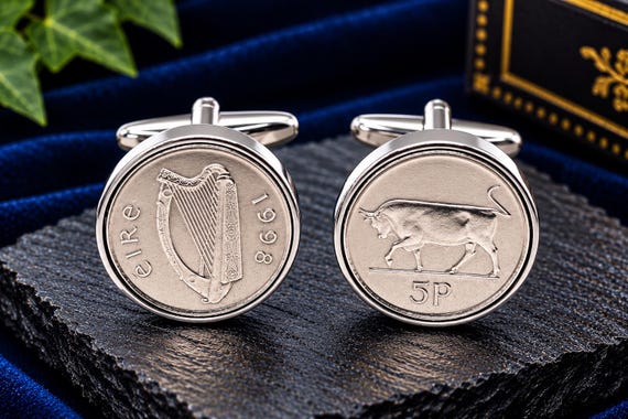 Irish Coin Cufflinks, 1998 5p Harp And Bull Design, Silver-Plated Backs