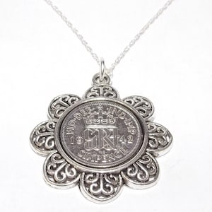 1942 Sixpence Floral Pendant: Sterling Silver 83rd Birthday Gift
