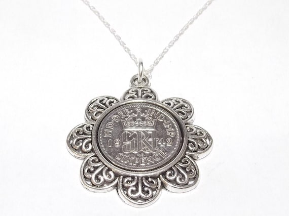 Floral Pendant 1942 Lucky sixpence 82nd Birthday plus a Sterling Silver 18in Chain 82nd birthday gift for her, Thinking Of You, Mum, Dad