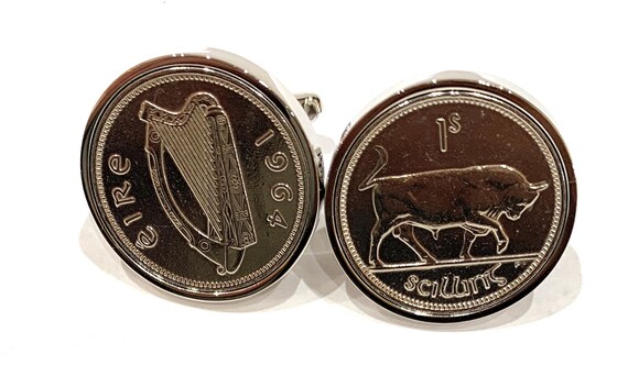 1964 Irish Shilling Coin Cufflinks 61st Birthday Gifts: Bull & Harp, Silver Plated backs