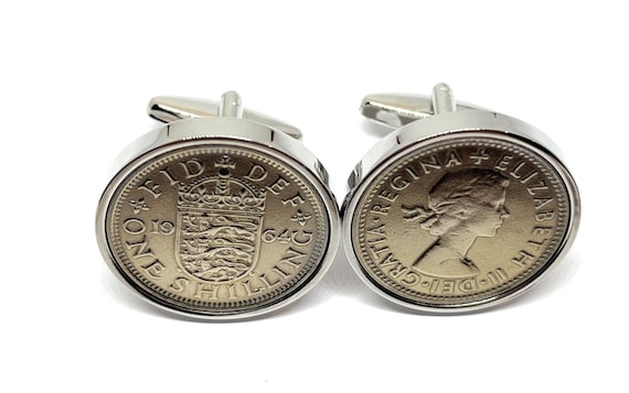 1964 Shilling coin cufflinks 23mm - Great coin gift idea. Genuine British Shilling  coin cufflink 1964 , Thinking Of You, Mum Dad, HT SLV