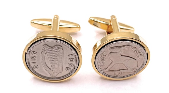 1950 Irish coin cufflinks- Great gift idea. Genuine Irish 3d threepence coin cufflink 1950 Thinking Of You,  Special Friend, Mum, Dad GLD