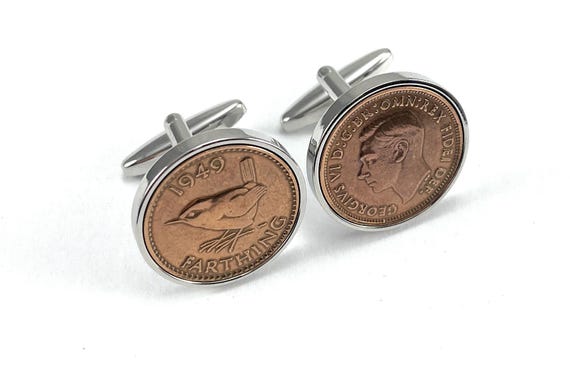 76th Birthday gift 1949 Farthing Coin Cufflinks: Silver, Gold or RoseGold Pated Mounts