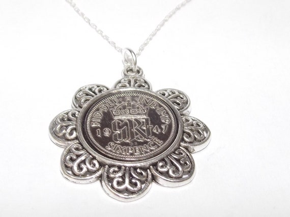 Floral Pendant 1947 Lucky sixpence 78th Birthday plus a Sterling Silver 18in Chain 78th birthday gift for her, Thinking Of You, Mum, Dad