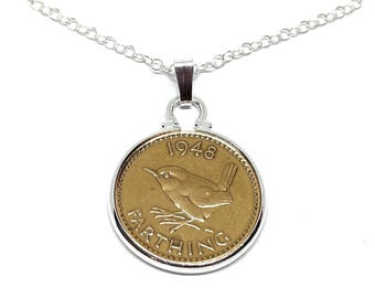 Ciondolo con moneta da un centesimo del 1948: regalo per il 78° compleanno, catena in argento sterling