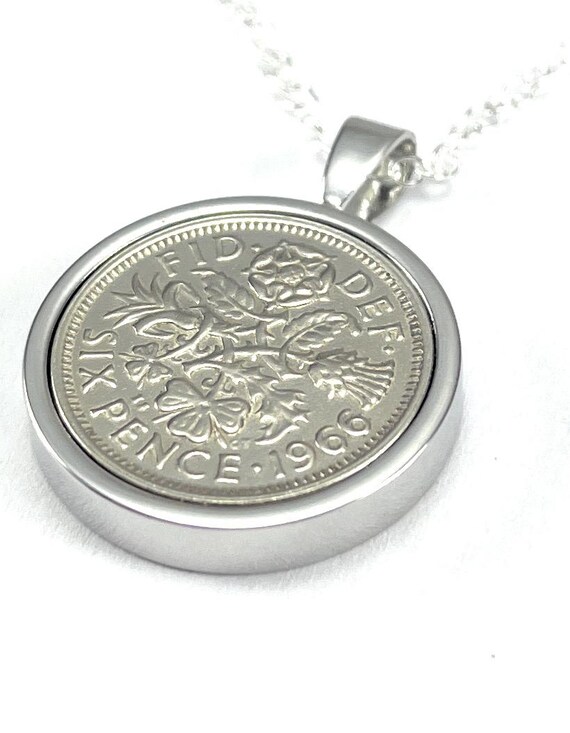 1966 59th Birthday Gift Sixpence Necklace: Silver, Gold or RoseGold Plated mounts