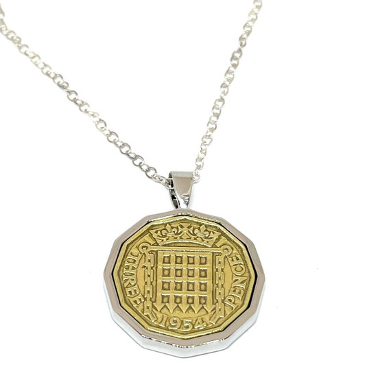 1954 70th Birthday gifts for women / Anniversary Threepence coin Solid pendant plus 18inch SS chain gift 70th birthday gift for her SLV