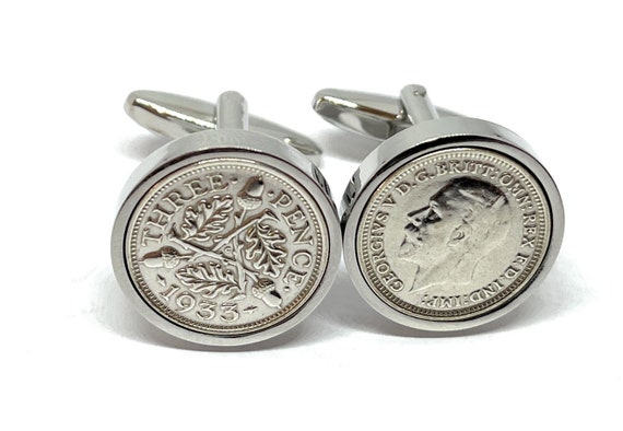 1933 Silver Threeepence Cufflinks 92nd birthday.  Original Silver threepence coins Great gift from 1933 92nd, Thinking Of You, Mum, Dad