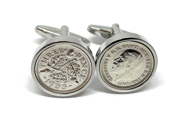 1933 Silver Threeepence Cufflinks 91st birthday.  Original Silver threepence coins Great gift from 1933 91st, Thinking Of You, Mum, Dad