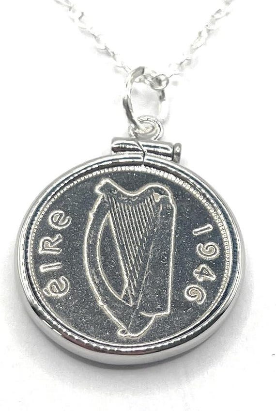 80th Birthday Gift, 1946 Irish Sixpence Coin Pendant Solid Cinch: Sterling Silver Chain