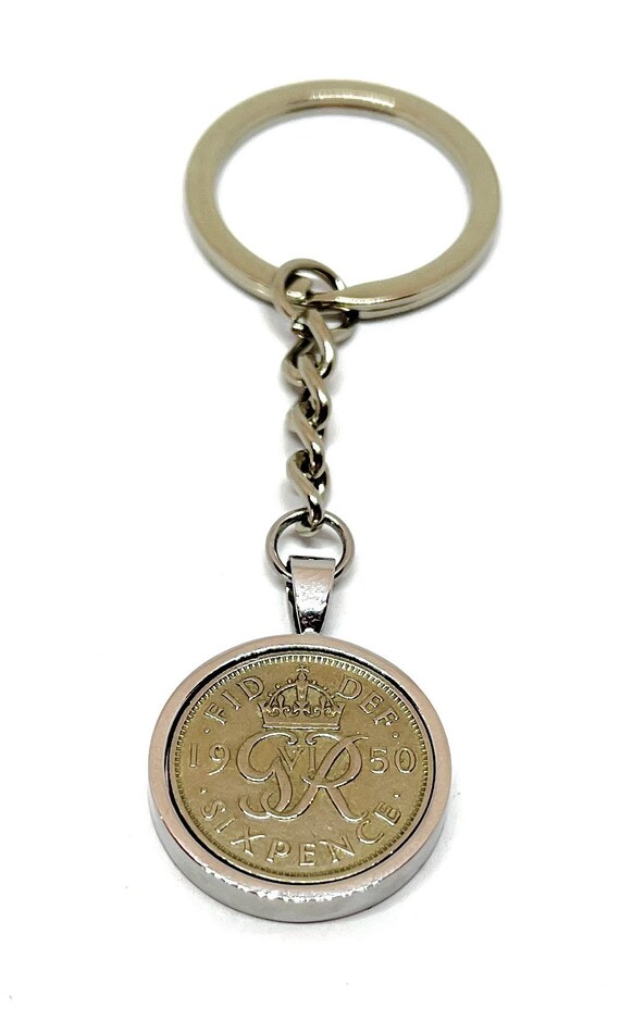 1950 Sixpence Coin Keyring 76th Birthday Gift: Silver, Gold or RoseGold plated mounts