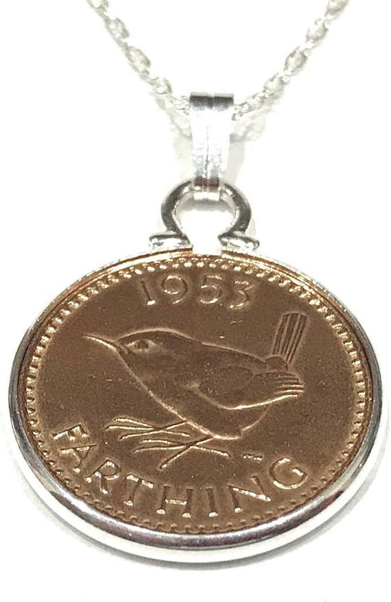 1953 Farthing coin pendant 71st Birthday Gift: Sterling Silver Chain
