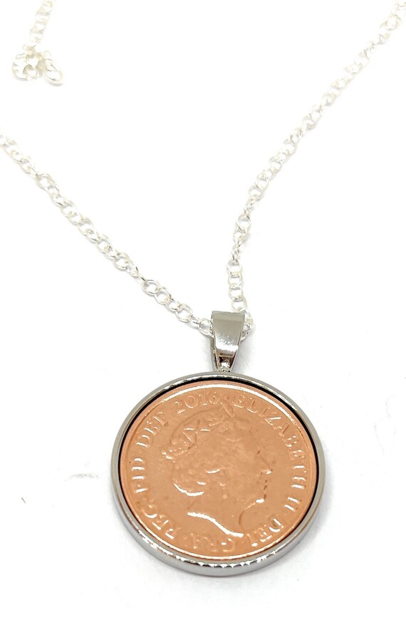 8th Bronze anniversary Solid Silver Plated Pendant bronze 1p coins from 2016 - Anniversary Gift for a Bronze Wedding 8th wedding gift SLV