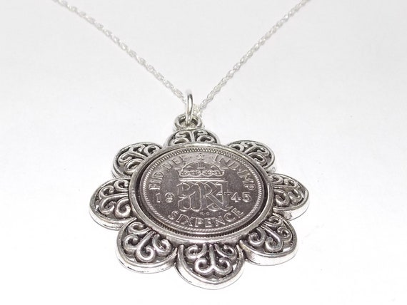 Floral Pendant 1946 Lucky sixpence 78th Birthday plus a Sterling Silver 18in Chain, 78th Anniversary gift, 78th birthday gift, Mens gift