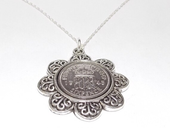 Floral Pendant 1946 Lucky sixpence 79th Birthday plus a Sterling Silver Chain, 79th Anniversary gift, 79th birthday gift Mothers day gift