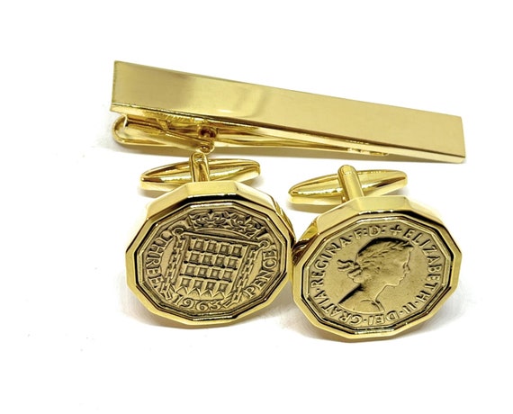 1963 Threepence 3d 62nd birthday Cufflinks - Original coin cufflinks 62nd Birthday, Dads Gift, fathers day, Gift for him, GLD Tie Clip set