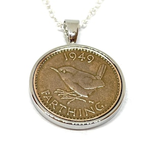 1949 Farthing Coin Pendant: 75th Birthday Gift, Sterling Silver Chain