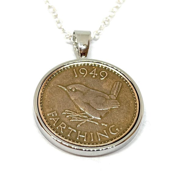 Round Pendant 1949 Lucky Farthing 76th Birthday plus a Sterling Silver Chain -  1949 75th birthday gift, 75th gift
