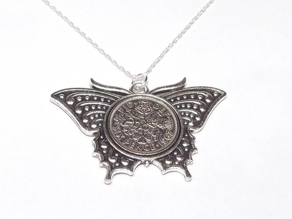 Butterfly Pendant 1959 Lucky sixpence 65th Birthday plus a Sterling Silver 18in Chain, 65th Gift Idea, Gift for mom, Mothers Day Gift