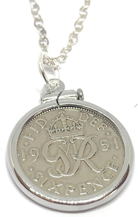 65th Birthday Gift, 1951 Sixpence Coin Pendant Solid Cinch: Sterling Silver Chain