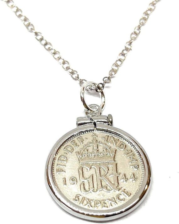 82nd Birthday Gift, 1944 Sixpence Coin Pendant Solid Cinch: Sterling Silver Chain