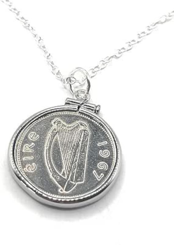 59th Birthday Gift, 1967 Irish Sixpence Coin Pendant Solid Cinch: Sterling Silver Chain