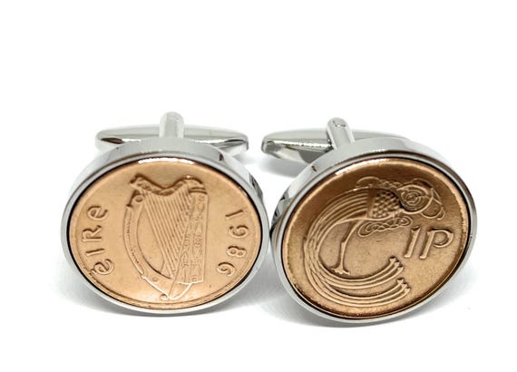 1986 39th Birthday gift Irish Penny for Luck cufflinks: Silver, Gold or RoseGold Plated backs