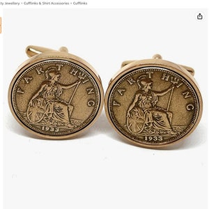 Premium 1933 Farthing Cufflinks for a 92nd birthday.  Original british Farthing inset in Cufflinks backs 92nd Rose/G