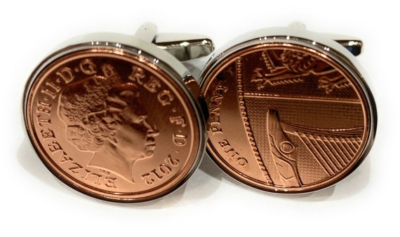 12th  Silk wedding anniversary cufflinks - Silk 1p coins from 2012- Gift - HT Thinking Of You,  Special Friend, Mum, Dad, Loved One