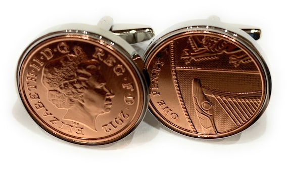 12th  Silk wedding anniversary cufflinks - Silk 1p coins from 2012- Gift - HT Thinking Of You,  Special Friend, Mum, Dad, Loved One