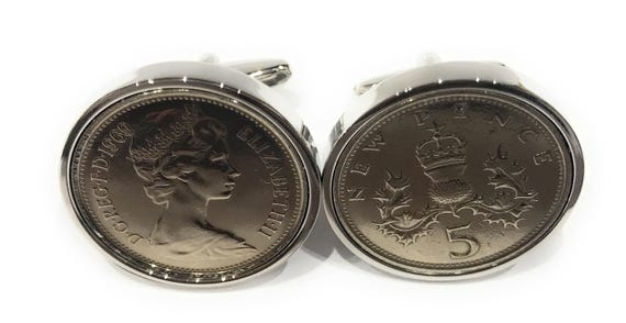 Coin Cufflinks, 1980 Old English Five Pence With Silver-Plated Backs