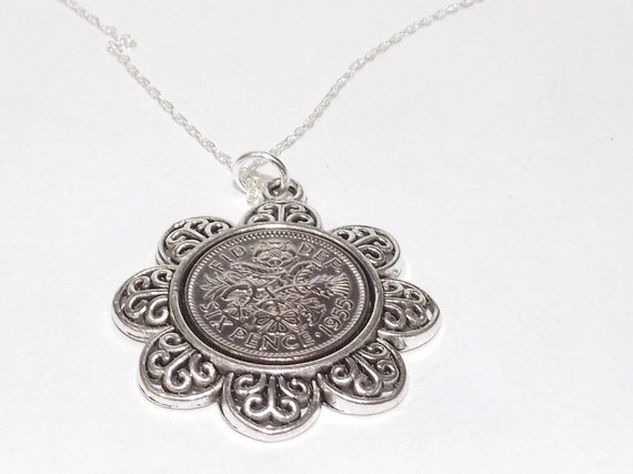Floral Pendant 1955 Lucky sixpence 70th Birthday plus a Sterling Silver 18in Chain, 70th gift, 70th, 1955 birthday Thinking Of You, Mum Dad