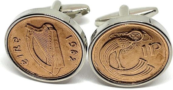 1982 44th Birthday gift Irish Penny for Luck cufflinks: Silver, Gold or RoseGold Plated