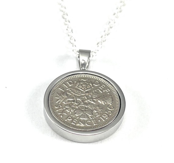 1956 69th Birthday Gift Sixpence Pendant:  Silver, Gold or RoseGold Plated mounts