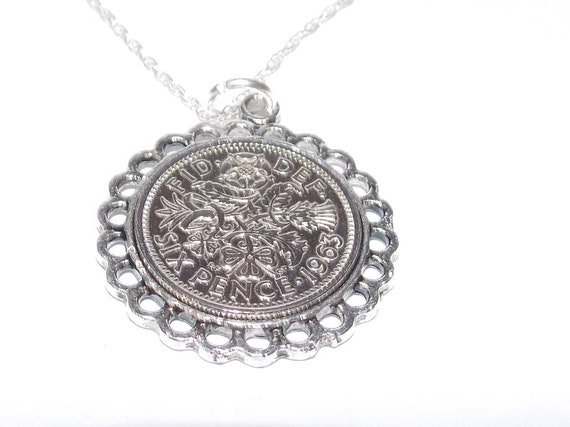 Fine Pendant 1963 Lucky sixpence 62nd Birthday plus a Sterling Silver 18in Chain 62nd birthday gift for her, Thinking Of You, Mum, Dad