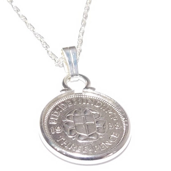 1938 84th Birthday / Anniversary 3D Threepence coin pendant plus 18inch SS chain 84th birthday, 84th birthday gift, 84th gift, 1938 gift,