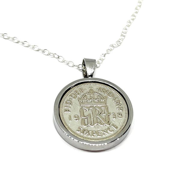 1938 Genuine Circulated Sixpence on Silver/Gold/Rose Gold Plated Mount - Sterling Silver Chain