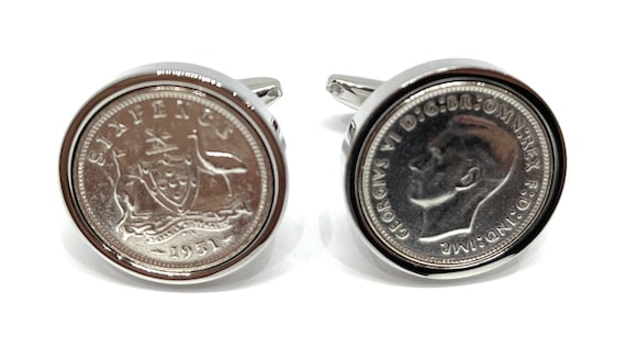 Luxury 1951 Australian Sixpence Cufflinks for a 74th birthday.  Original Australian Sixpences inset in Silver Plated French Cufflinks backs