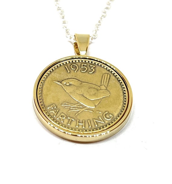 Solid Pendant 1953 Lucky Gold Plated Farthing 72nd Birthday plus a Sterling Silver 18in Chain  1953 72nd birthday gift, 72nd gift, GLD