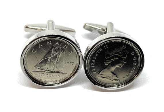 1999 Canadian Dime Coin Cufflinks 26th Birthday Gift: Bluenose Schooner, Silver Plated