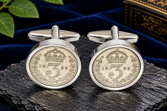 Threepence Cufflinks, 1926 British Coin with Silver-Plated Setting