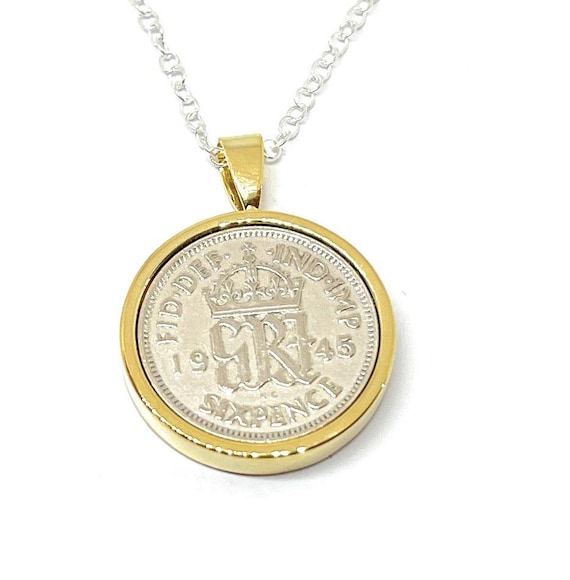 Round Pendant 1945 Lucky sixpence 80th Birthday plus a Sterling Silver 18in Chain, 80th Anniversary gift, 80th birthday gift, GLD