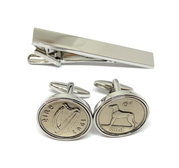 1963 Irish coin cufflinks- Great gift idea. Genuine Irish 6d Sixpence coin cufflink 1963 Thinking Of You,  Special Friend, Dad Tie clip set