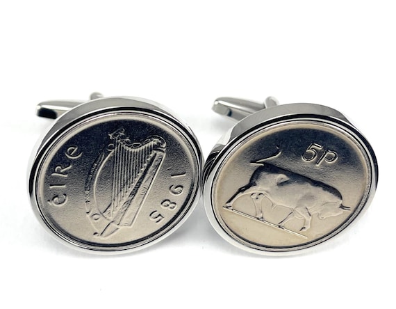 1985 40th Birthday Gift Irish 5p coin cufflinks 23mm : Silver or Gold Plated Mounts