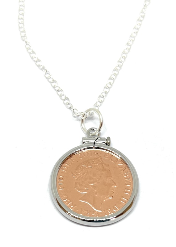 Anniversary 9th Pottery Solid Silver Plated Pendant  bronze 1p coins from 2016 - Anniversary Gift for a Pottery Wedding 9th wedding gift