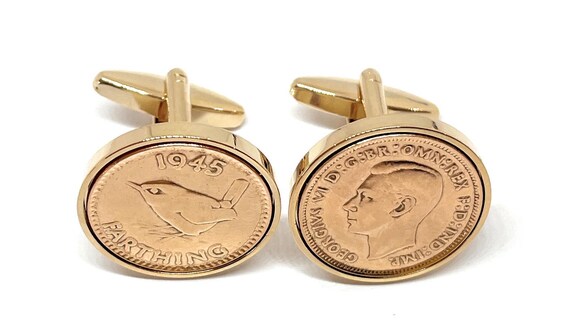 Luxury 1945 Farthing Cufflinks for a 80th birthday.  Original British Farthings inset in Rose Gold Plated French Cufflinks backs 80th  Dad