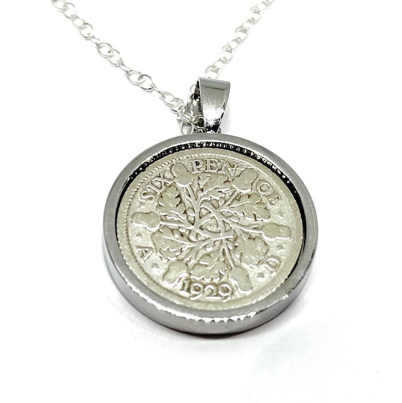 1929 Sixpence Coin Pendant: 96th Birthday Gift, Silver, Gold or RoseGold plated mounts