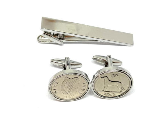 1953 Irish coin cufflinks- Great gift idea. Genuine Irish 6d Sixpence coin cufflink 1953 Thinking Of You,  Special Friend, Dad Tie Clip set