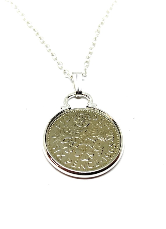 1965 Sixpence Coin Pendant: 60th Birthday Gift, Sterling Silver Chain